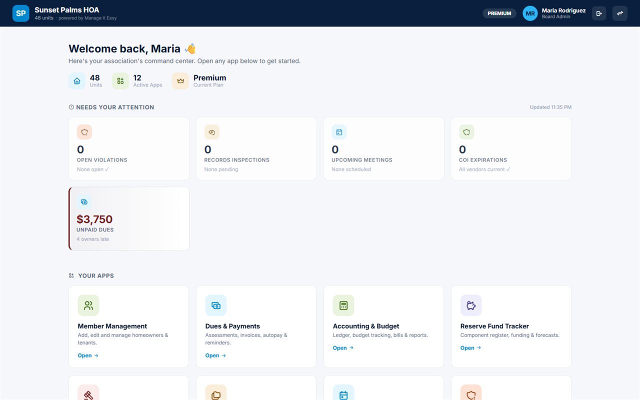 Association dashboard with alerts and app modules